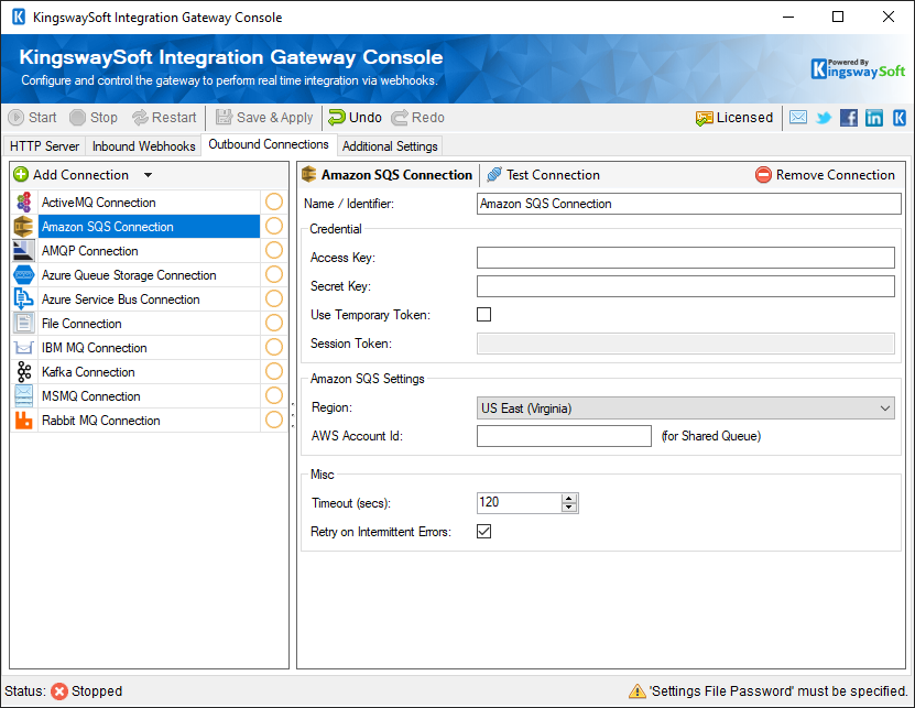 KingswaySoft Integration Gateway Console - Outbound Webhooks - Amazon SQS